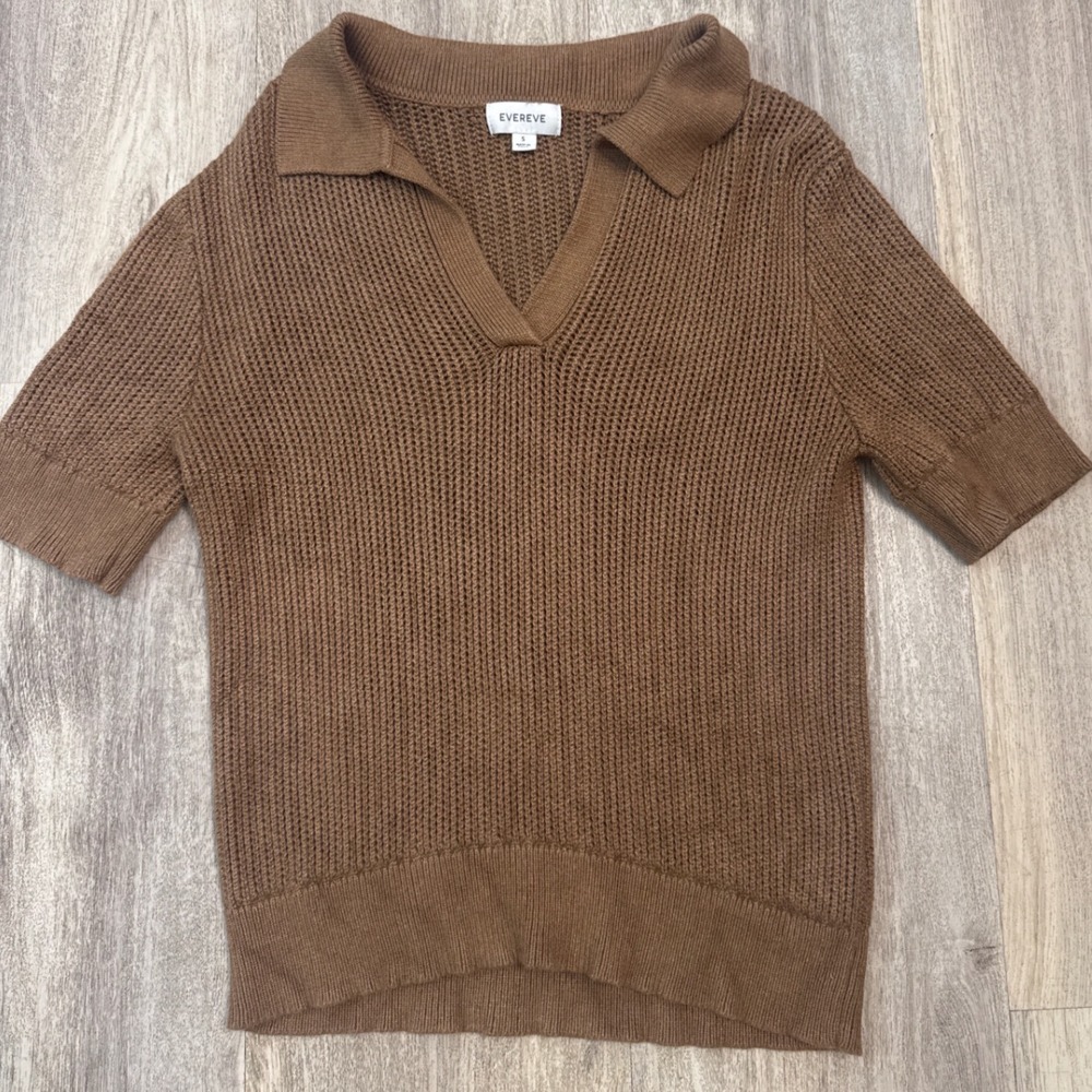 Evereve Adeline Polo Pullover Womens Brown Knit Short Sleeve Size Small Sweater - Picture 2 of 7